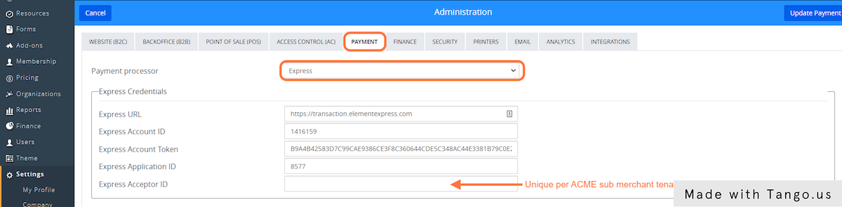 Select payment processor = Express