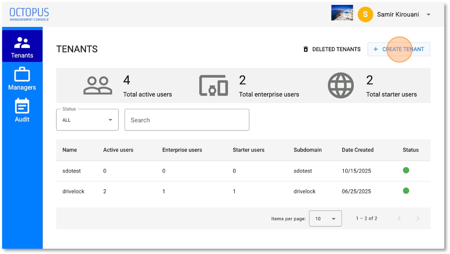 Step 1: Create Tenant Button Screenshot