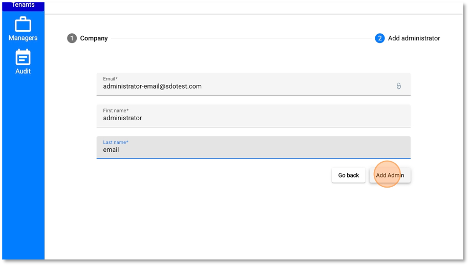 Step 5: Add Administrator Form Screenshot