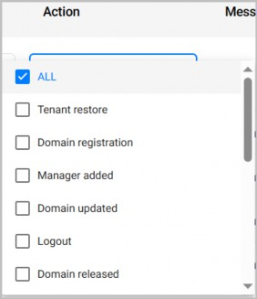 Tenant / subdomain / user and action filters