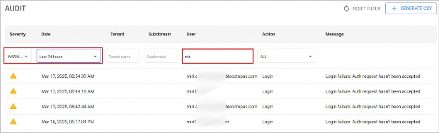 Filtered audit events example