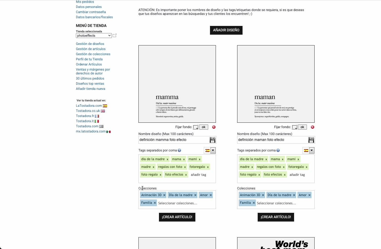 Collection selector on designs page