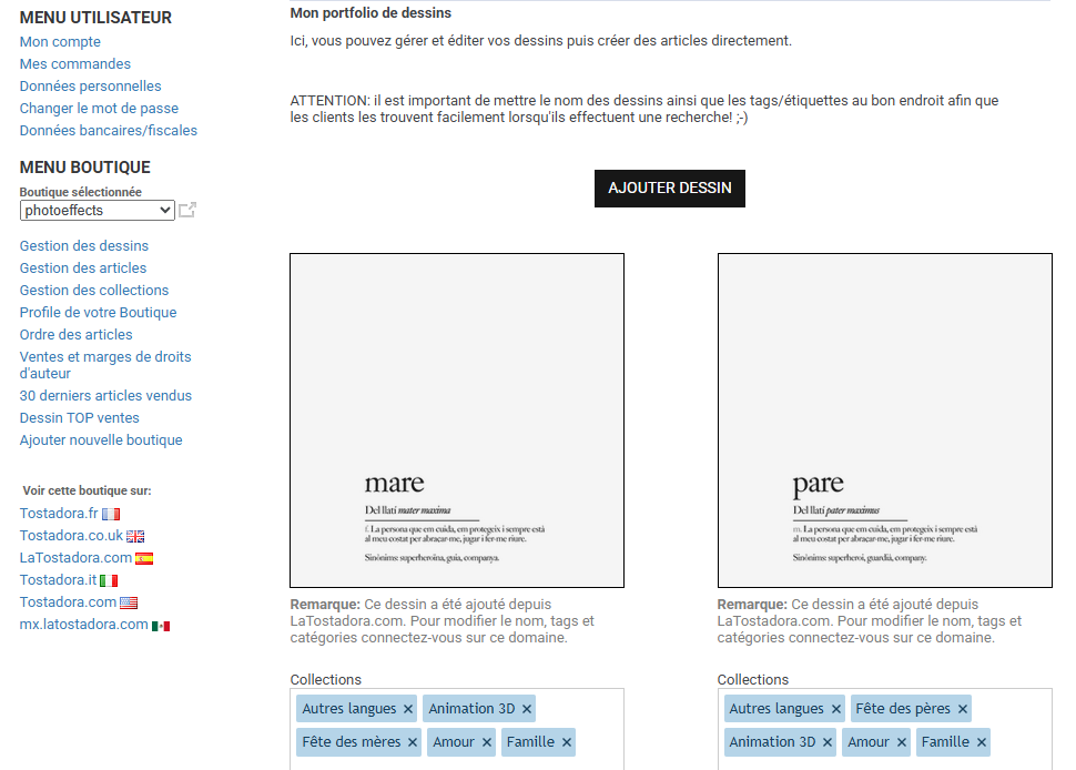 Collection selector on designs page