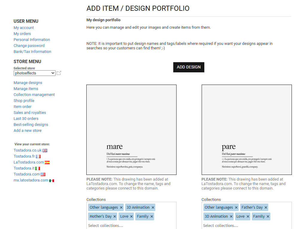 Collection selector on designs page