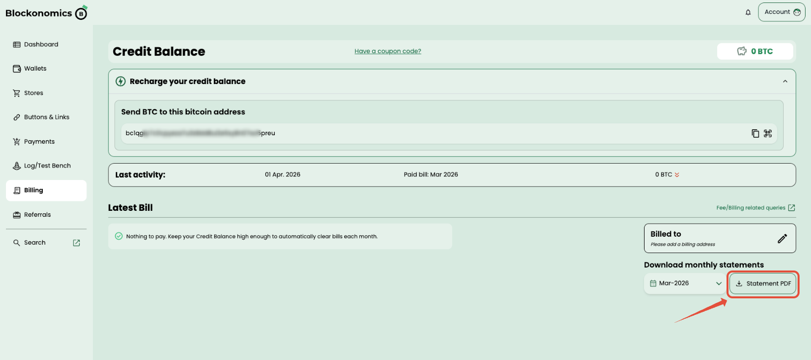 Billing page: pick a month and download the Statement PDF