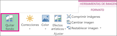 Botón Quitar fondo ubicado en el grupo Ajustar de la pestaña Formato en Herramientas de imagen