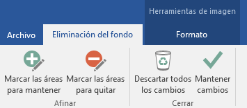 Los botones para quitar el fondo en la pestaña Formato de herramientas de imagen de la cinta de opciones en Office 2016