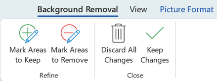 Los botones para eliminar el fondo en la pestaña Formato de componentes de imagen de la lista de opciones en Office 2016