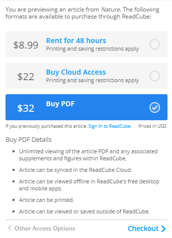 ReadCube buying options: 1st Rent for 48 hours, 2nd Buy Cloud Access and 3rd Buy PDF. Then Checkout after selecting chosen purchase option.