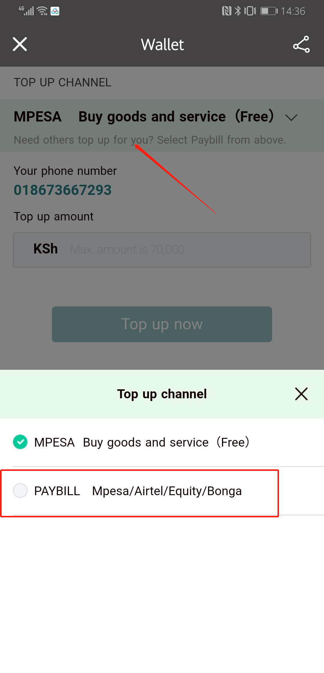 Can I Top up my wallet using another line? Can I recharge my wallet