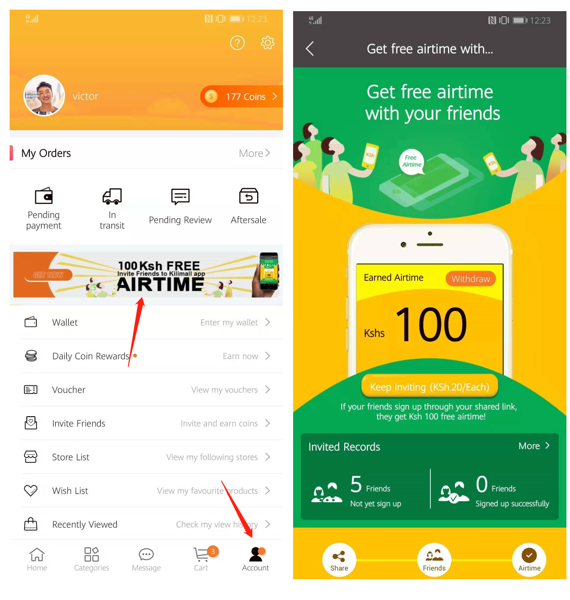 How do I withdraw free airtime? What is the difference between Topup Airtime and 100Ksh Free
