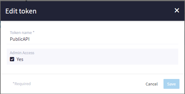 A screenshot of the edit integration token modal dialog with the "Admin Access" option checked
