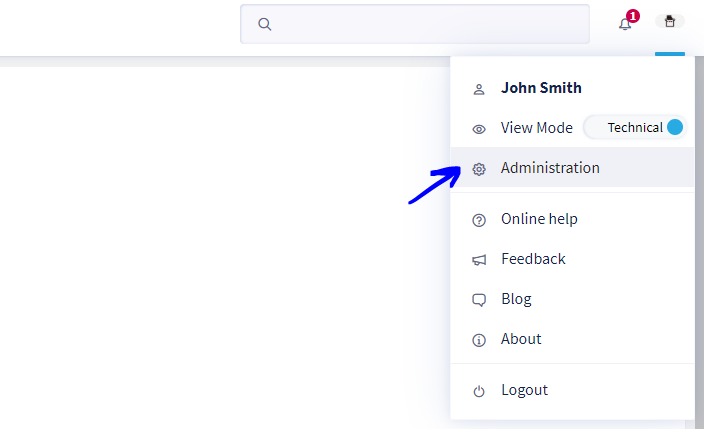 A screenshot of an opened profile menu with the "Administration" link highlighted