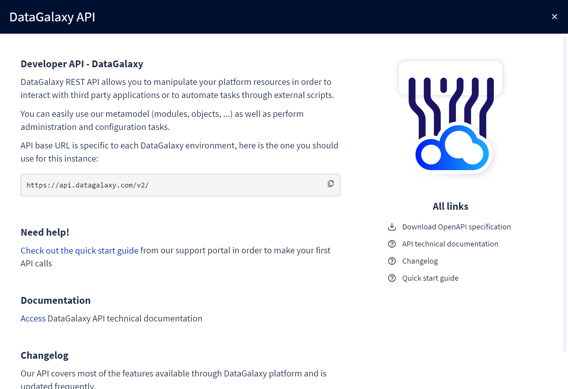 A screenshot of the DataGalaxy API modal