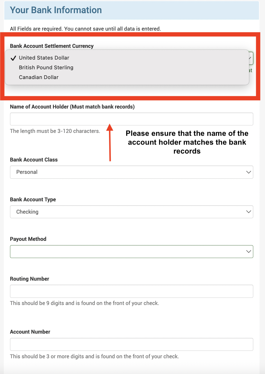 How do I fill out the Payment Information Section for a Canadian Bank