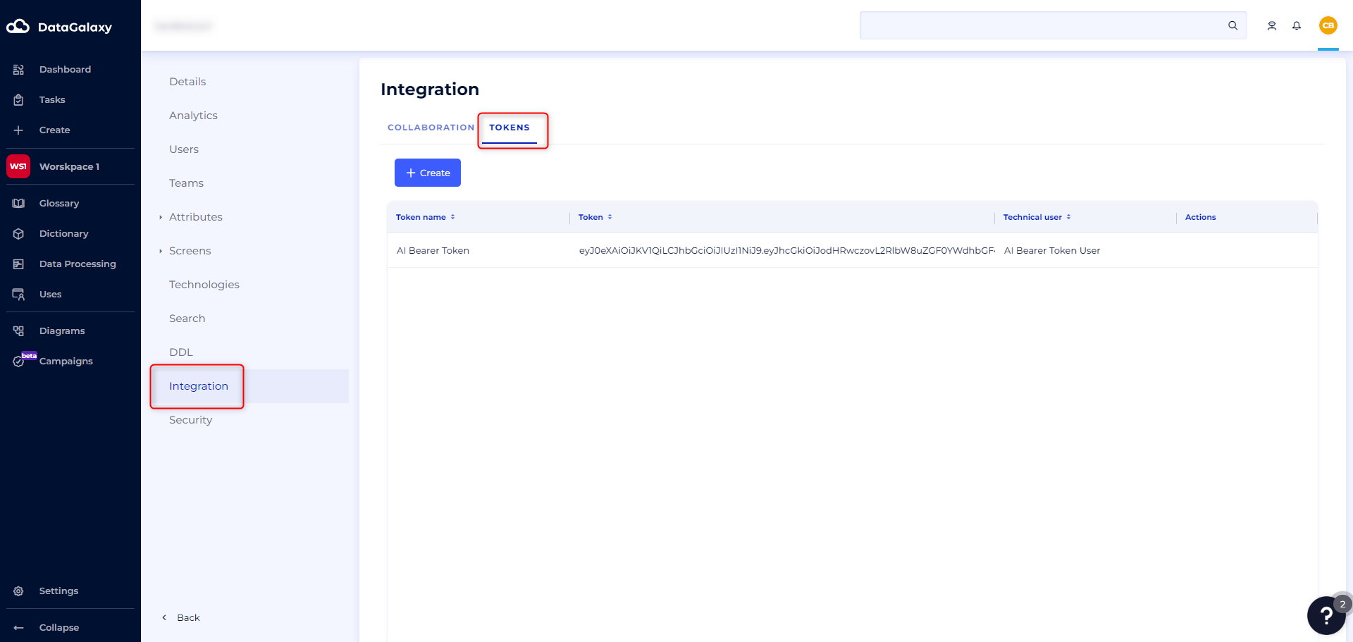 A screenshot of the integration token management page
