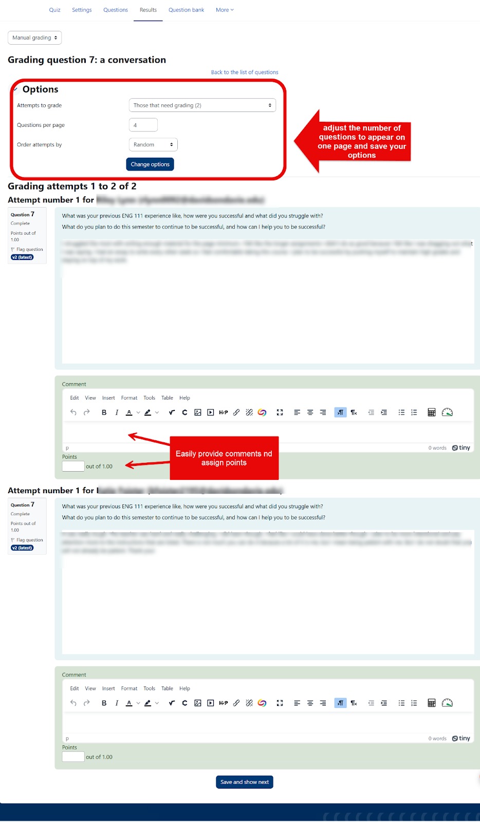 An individual manual graded question open.  Options menu is open to show to adjust the number of questions to appear on one page and the locations to provide comments and points for the question per student