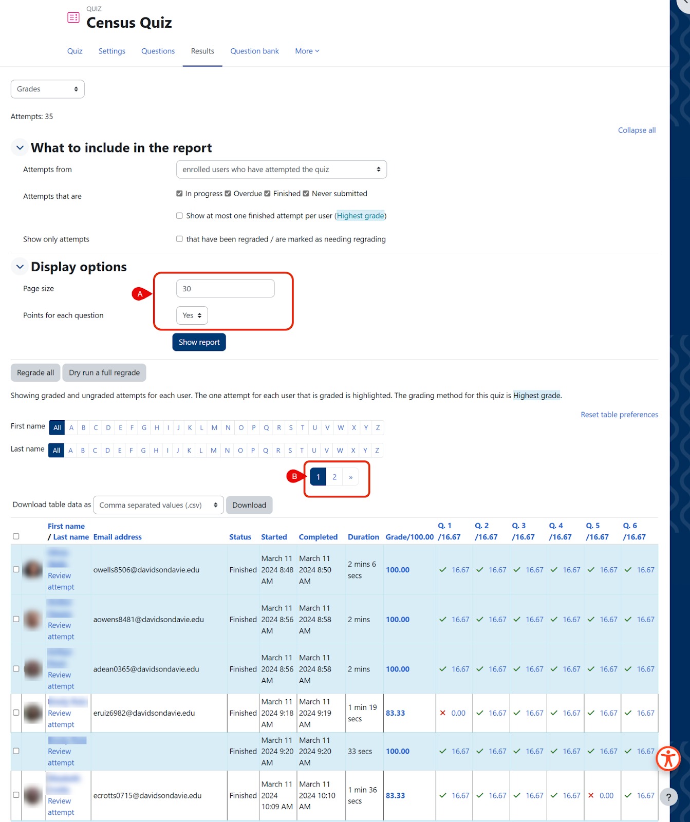 results page open with the display options highlighted with marker A and number of results pages (2) highlighted with marker B 