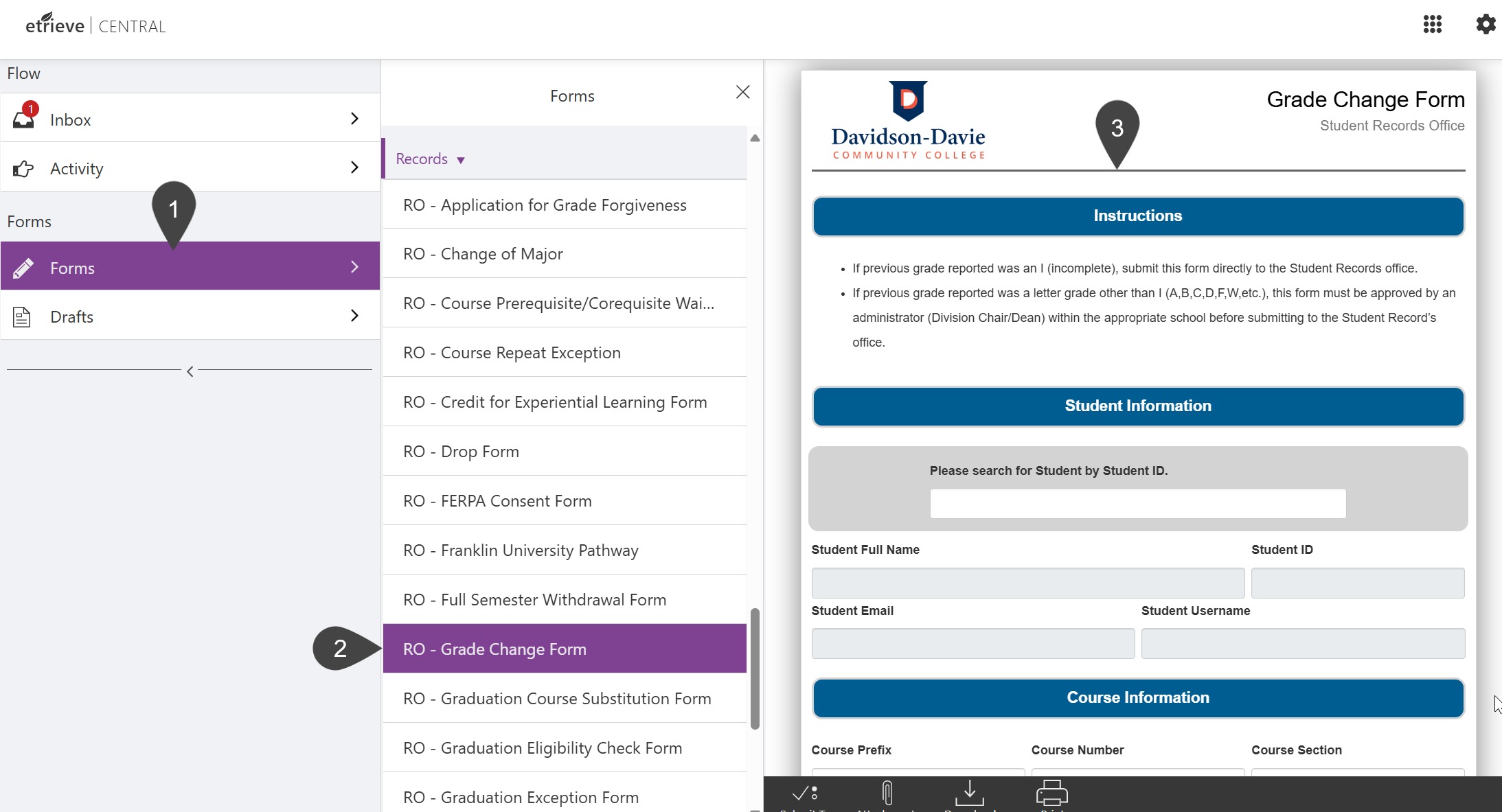 Opened Forms page on Erieve with steps one through three marked on the page: forms, RO-Grade Change Form, and Form