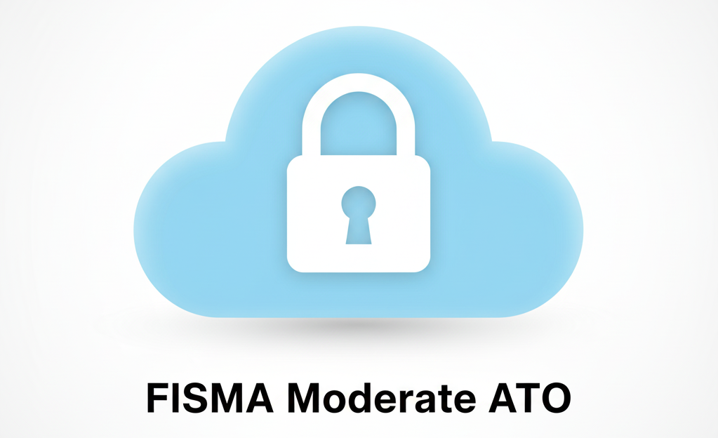 Compliance visualization showing the text 'FISMA Moderate ATO' and data protected by encryption on a cloud server.