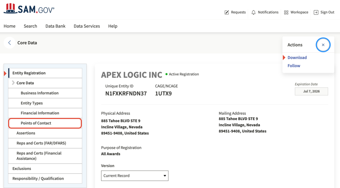 SAM Entity Record showing the Points of Contact tab.