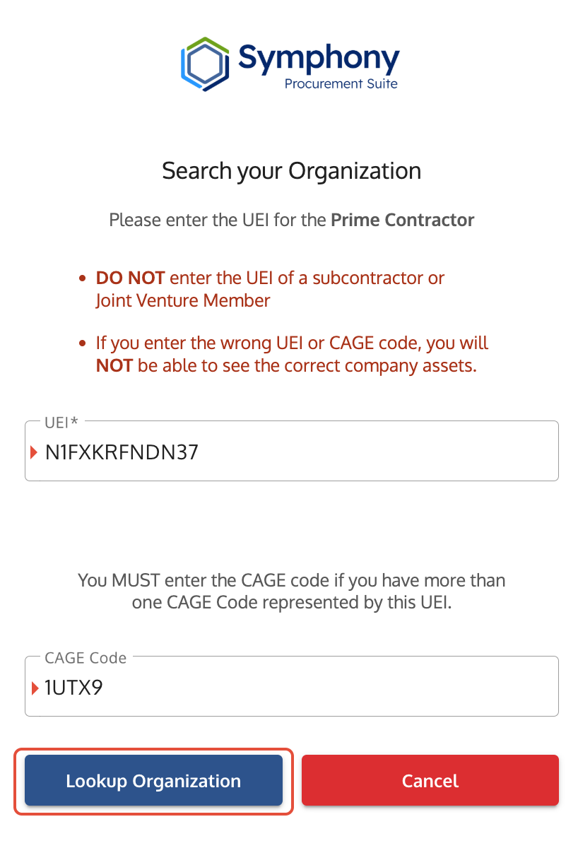 Organization registration screen with UEI and CAGE code fields populated and the confirmation button.