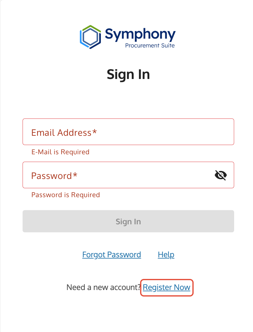 Symphony login page showing the Register Now link highlighted and the email entry field.