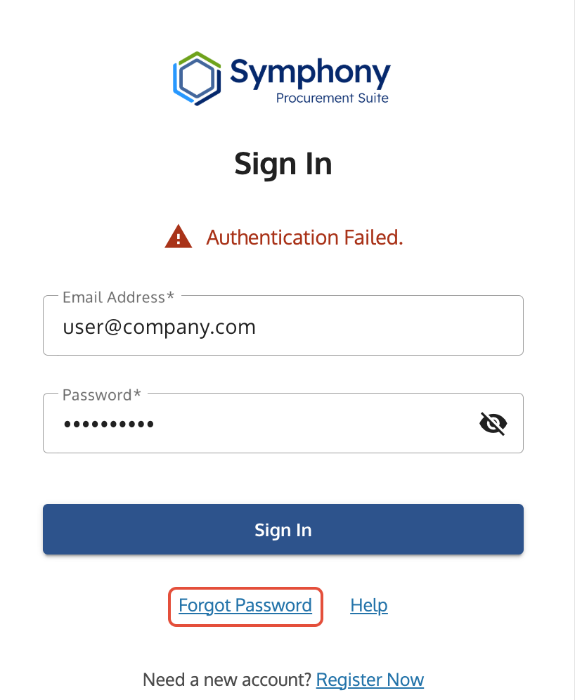 Screen displaying the 'Authentication Failed' status message and the Forgot Password link.