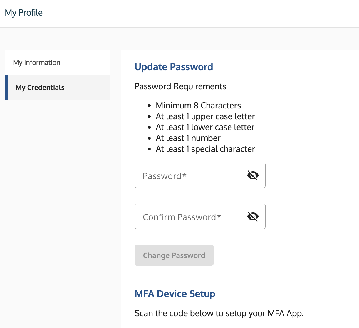 The My Credentials screen showing the password change and QR code sections.