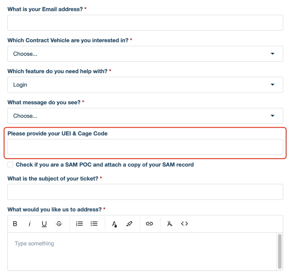 Help desk ticket submission form showing the fields for company details.