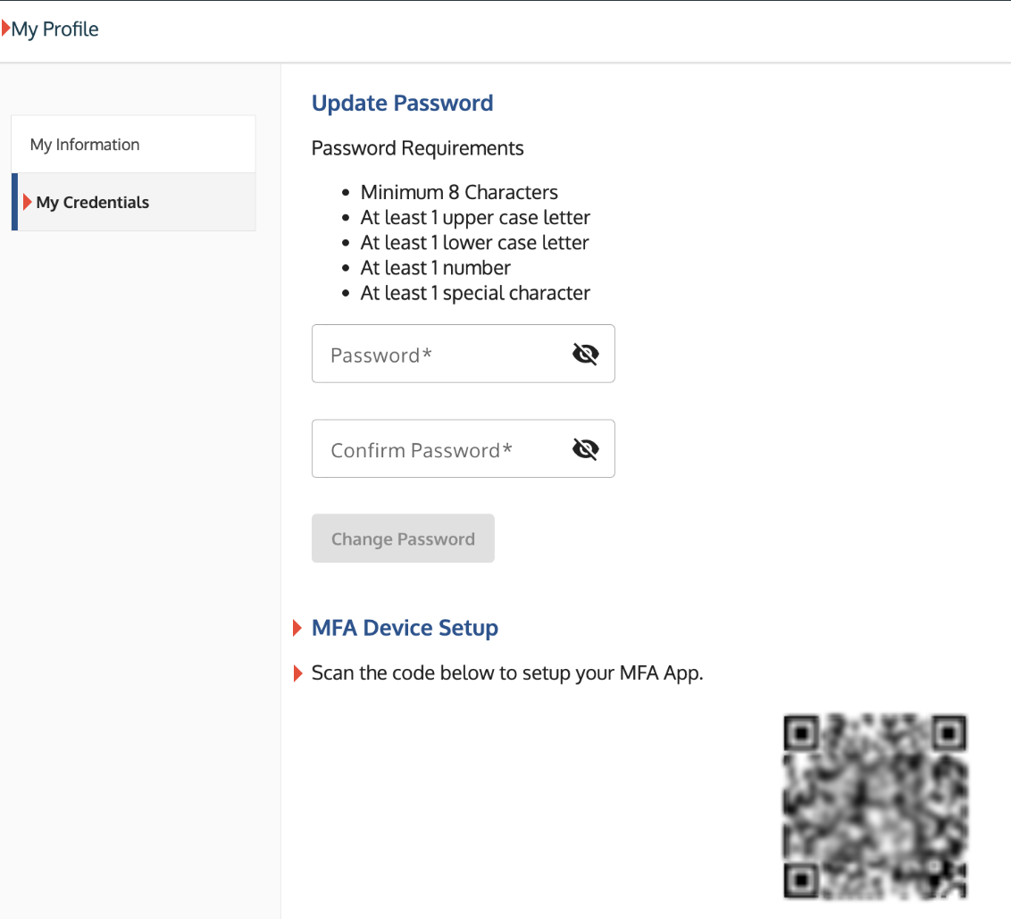 My Credentials tab showing the QR code display for MFA changes.