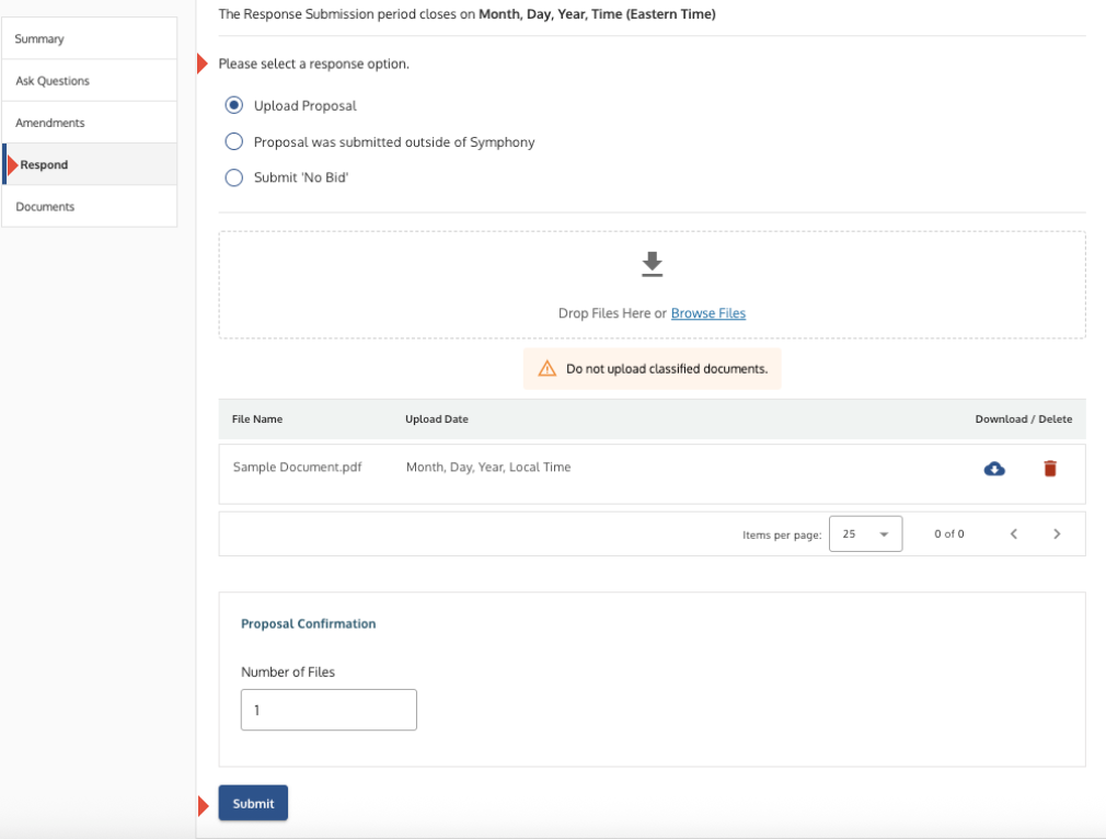 Proposal upload screen showing the confirmation steps and the Submit button.