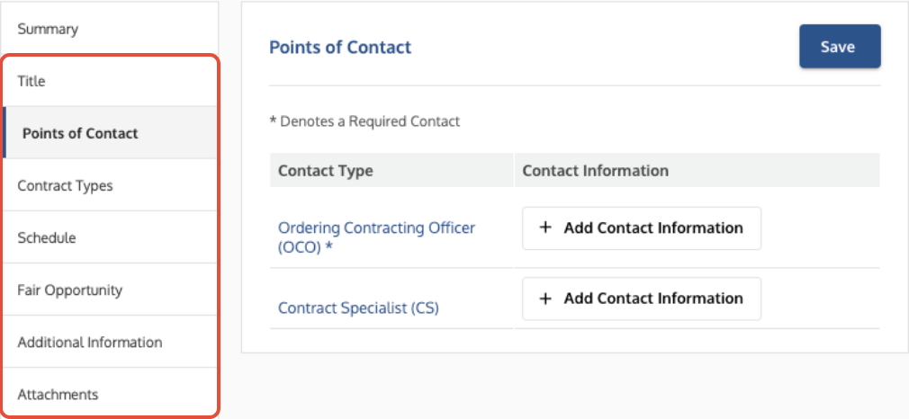 Left navigation menu showing the sections for Points of Contact, Schedule, and Fair Opportunity.