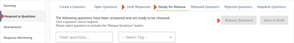 Respond to Questions tab showing the options for Answer, Review, and Release.