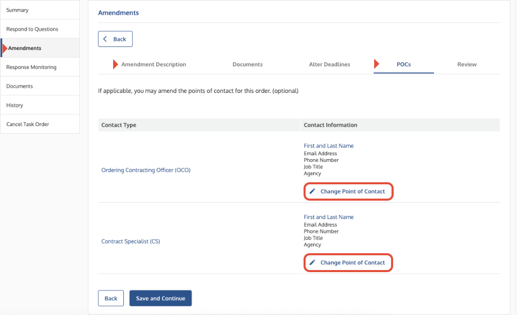 Amendments tab showing the description tab and the Change Point of Contact button.
