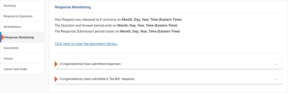 Response Monitoring tab showing a table of contractors and their submission status.