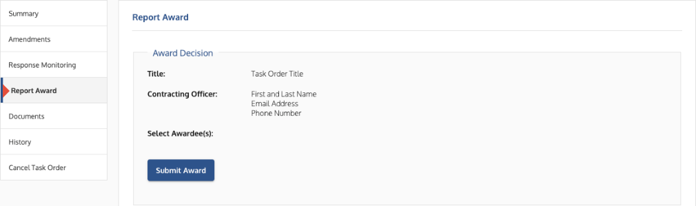 Task Order showing the Report Award tab ready for selection.