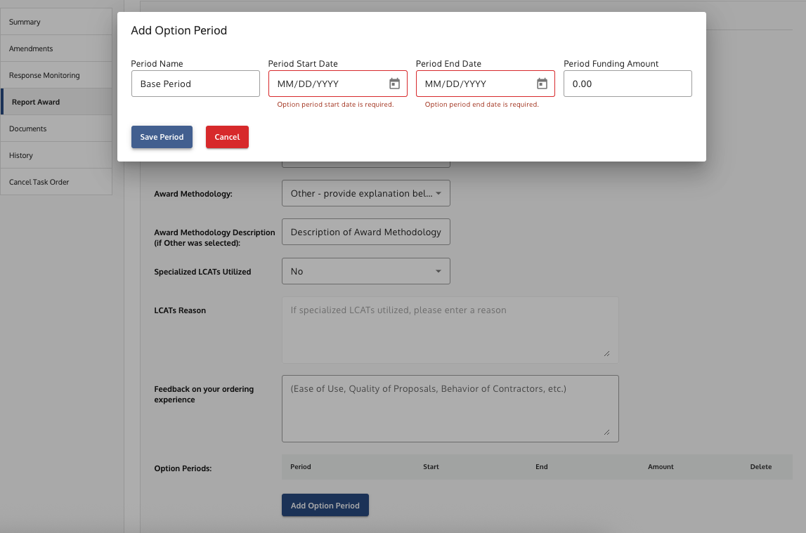 Award Details section showing the fields for Base Period, Options, and Amount Awarded.