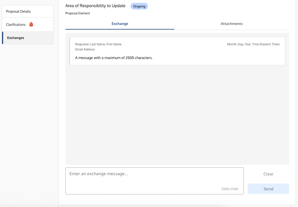 Exchanges screen showing the ongoing message thread and the Attachments tab.