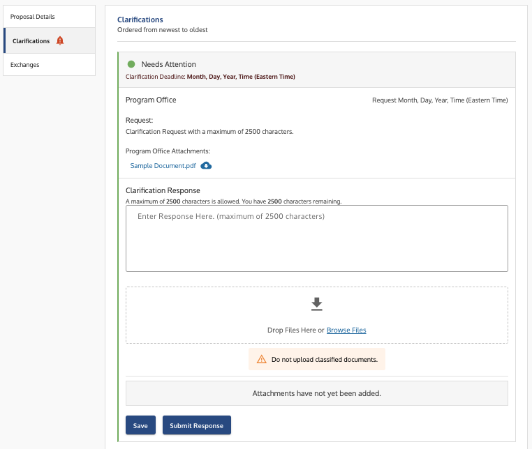 Clarifications tab showing an inquiry and the area for the response narrative.