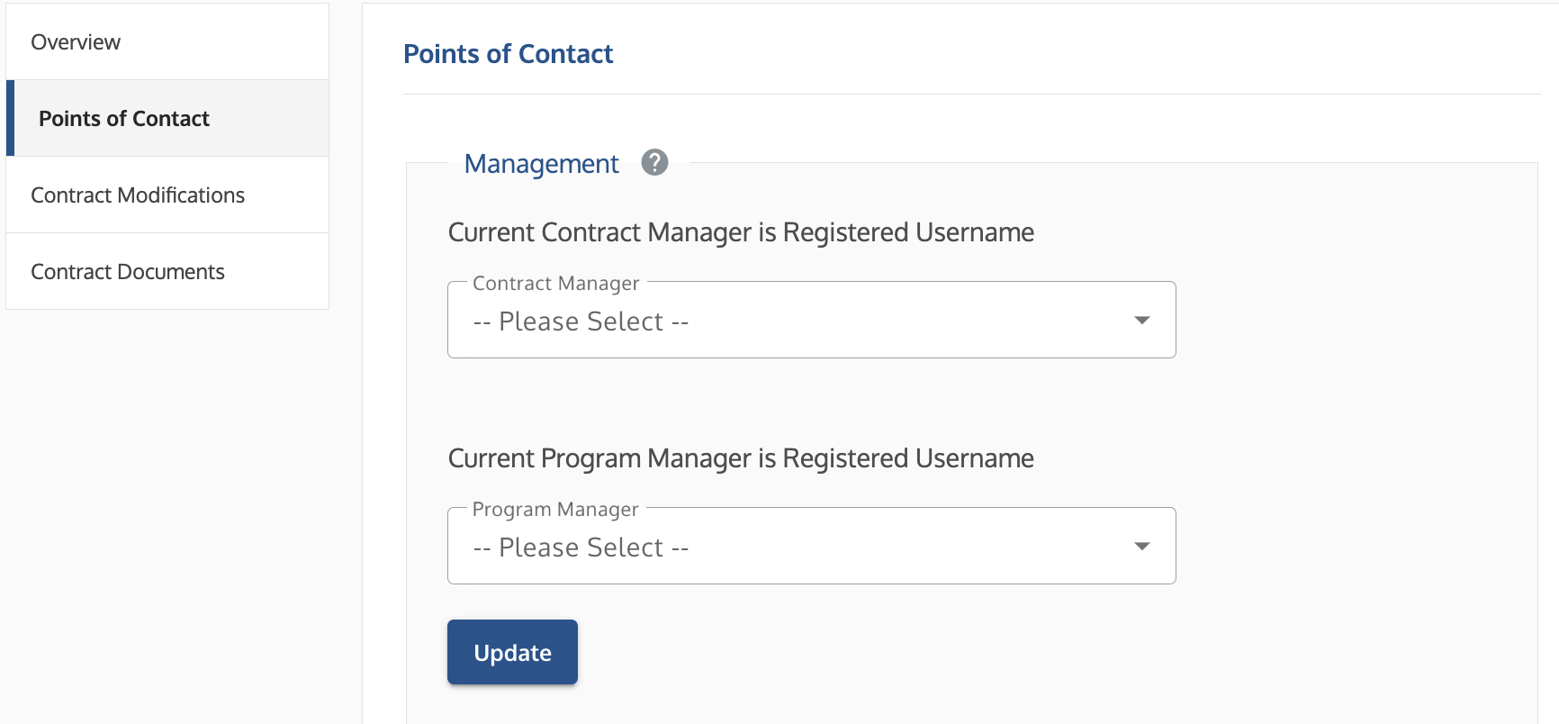 ​Points of Contact screen showing dropdown menus for assigning Contract Manager and Program Manager roles.