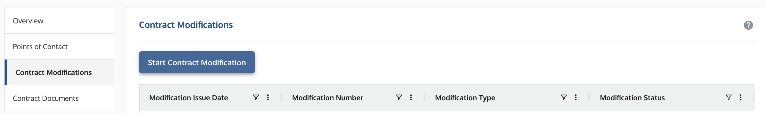 Contract Modifications tab showing the option to start a modification.