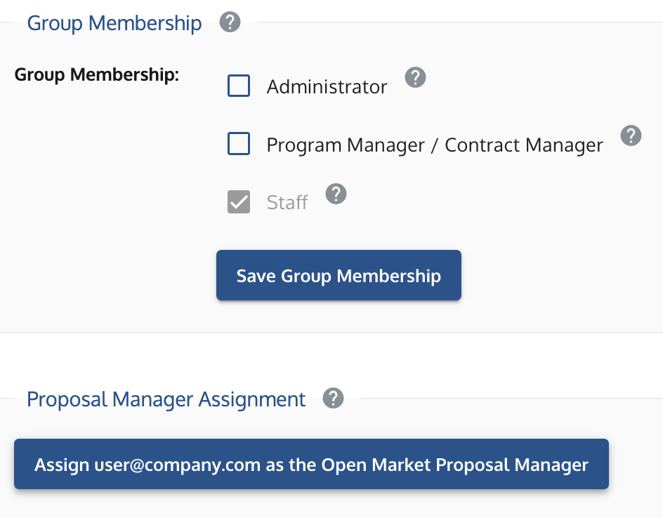 User management screen showing the Group Membership options, Proposal Manager Assignment, and a role selected.