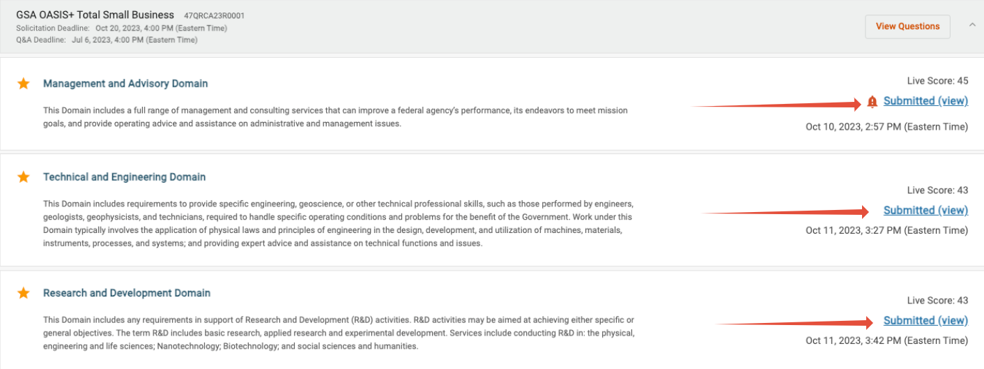 Solicitation Dashboard showing the status as 'Submitted’.