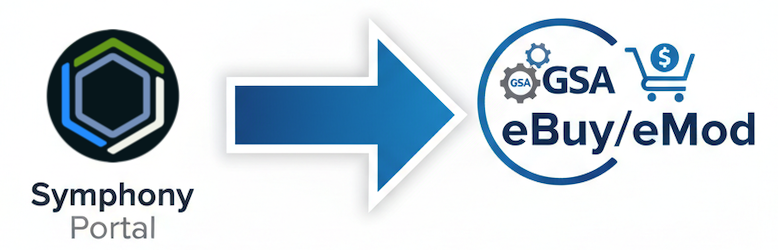 Graphic showing an arrow pointing away from the Symphony Portal toward a GSA eBuy/eMod logo.