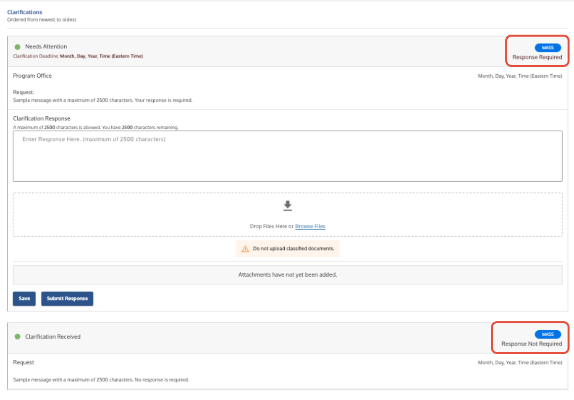 Clarifications tab showing two types of Mass Clarification status.