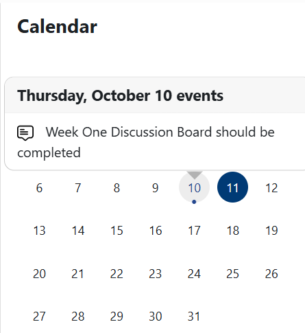 calendar view of a reminder with the wording "week one discussion board should be completed