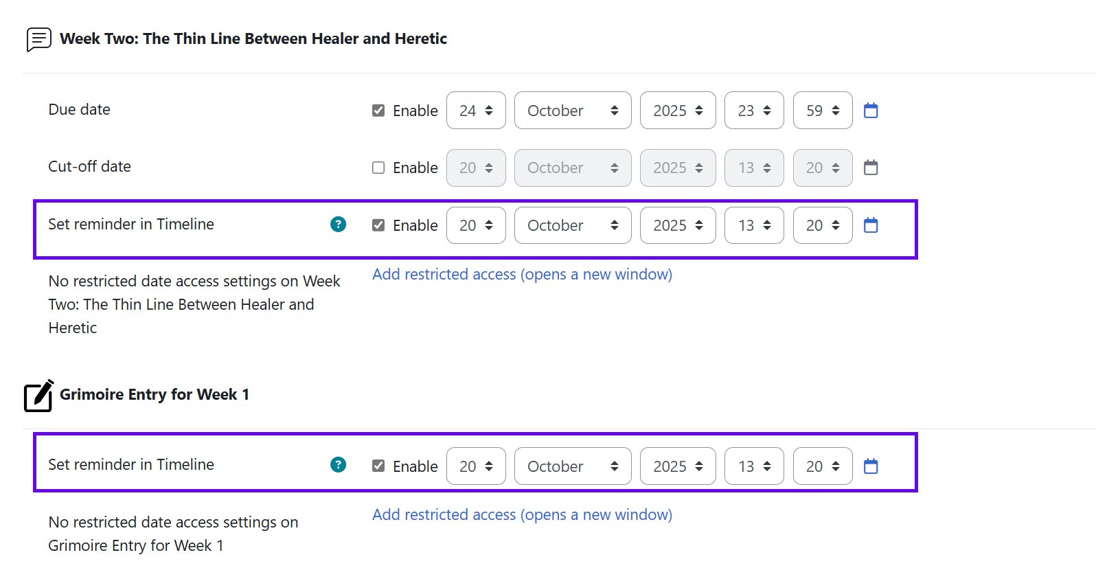 there is no due date available for journal entries, only the reminder.  For discussion forums, the reminder appears third, after the due date and cut-off date.  