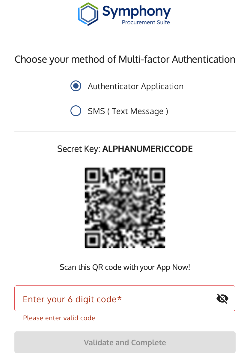MFA setup screen showing the QR code and the field for the six-digit code.