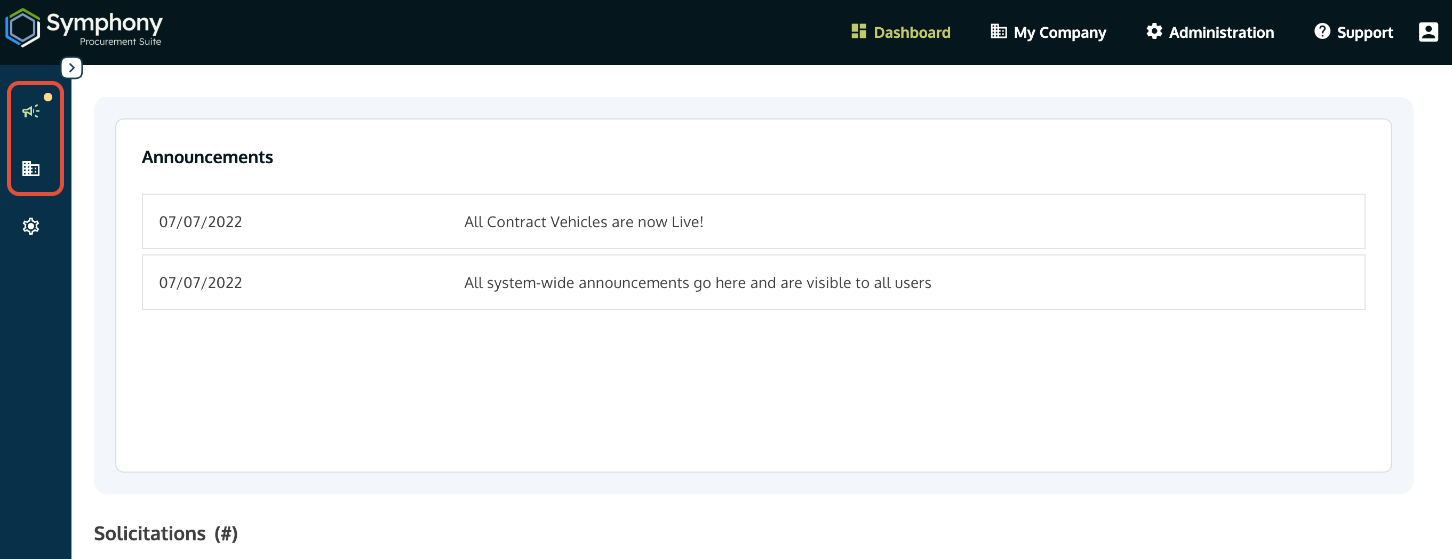 Dashboard with the My Company and Solicitations icons highlighted for navigation.